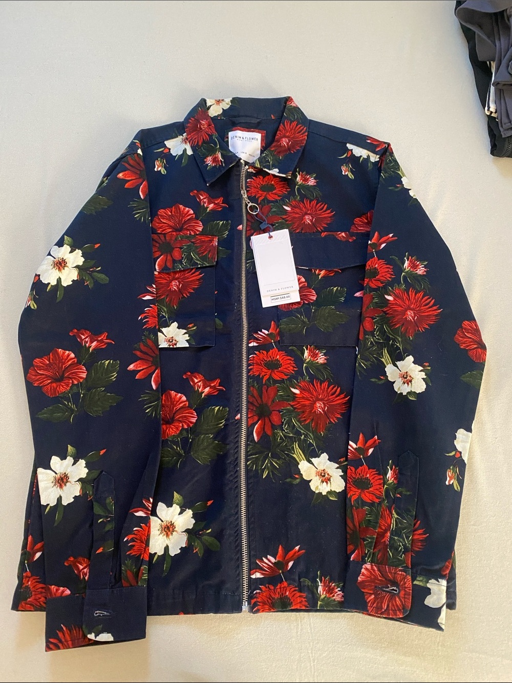 Denim & Flower Navy Floral Zip-Up Utility Jacket with Red & White Blooms